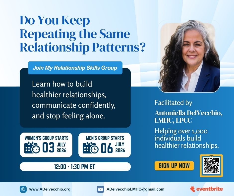 Relationship skills group flyer with smiling woman